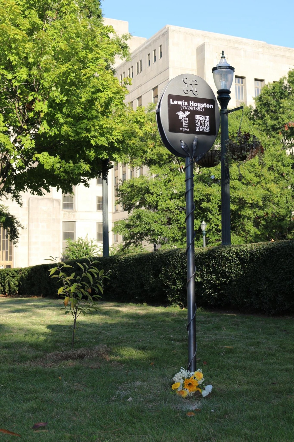 Lewis Houston’s oval memorial marker beside a young black cherry tree at Linn Park