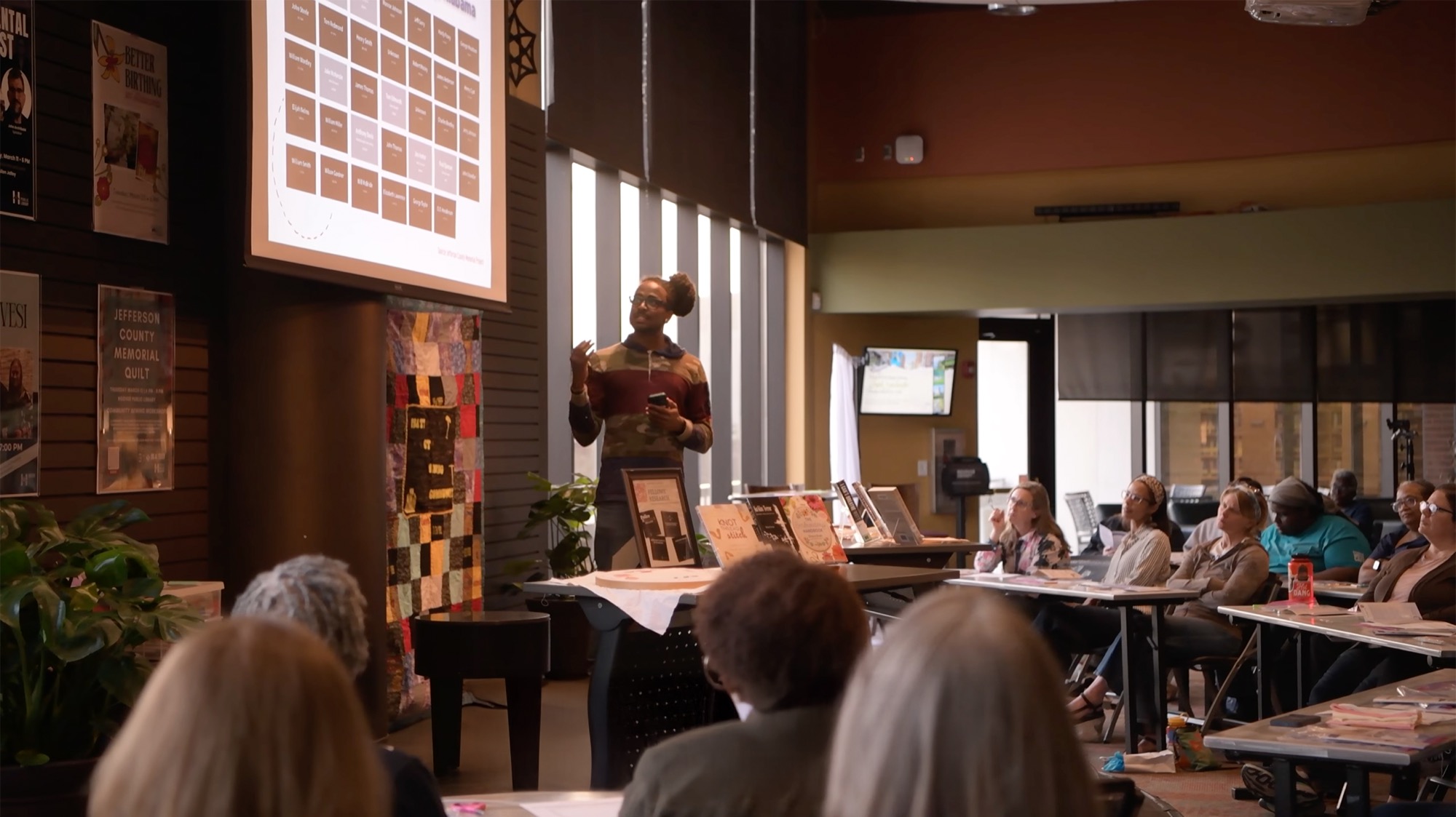 Carey Fountain leading a Jefferson County Memorial Quilt workshop with Create Birmingham